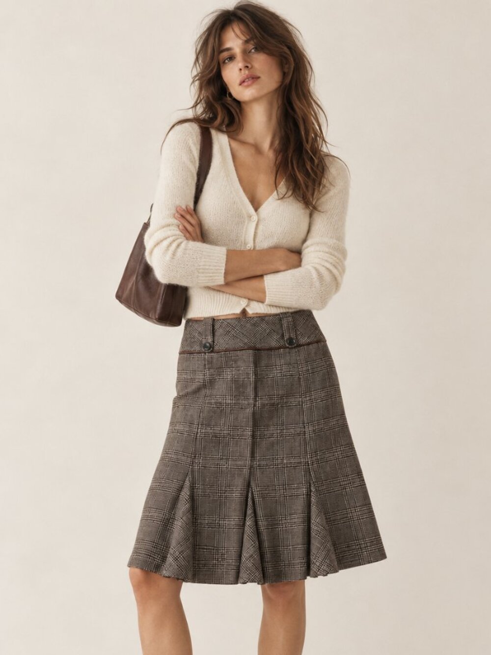 Vintage Y2K Copper Key Plaid Pleated Midi Skirt Preppy Dark Academia